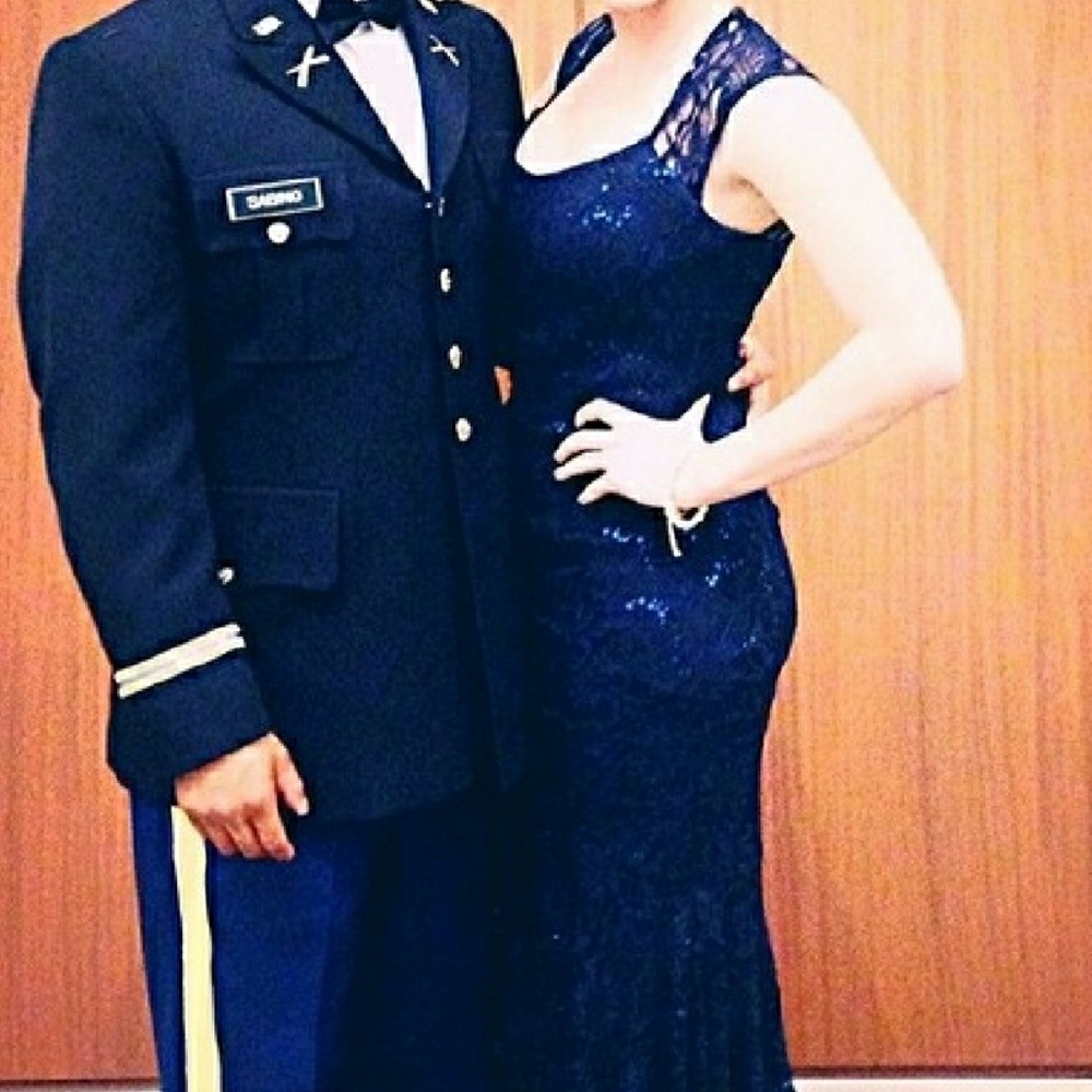 Xscape Navy Lace & Sequins Gown